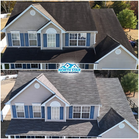Close up of black streaks on new jersey asphalt shingles